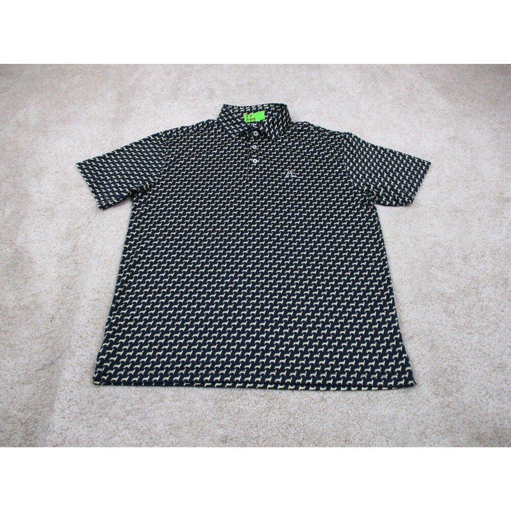 Rhoback Polo Shirt Mens Medium Blue The Golden Retriever Golf Dog Print Stretch